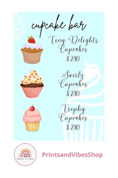 Editable Cupcake Sign Template, Cupcake Table Sign, Cupcake Menu Sign, Birthday Cupcake Menu, Dessert Menu Printable Trophy Cupcakes, Cupcake Sign, Cupcake Template, Cupcake Signs, Cupcake Table, Menu Printable, Menu Sign, Desserts Menu, Cake Bars