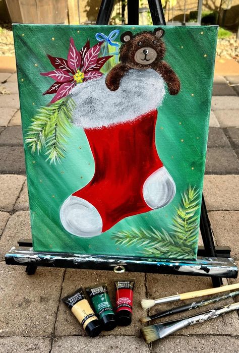 Christmas Stocking Painting, Stocking Painting, Festival Paint, Holiday Canvas, Christmas Canvas Art, Christmas Paintings On Canvas, Christmas Tree Truck, Stuffed Bear, Painting Canvases