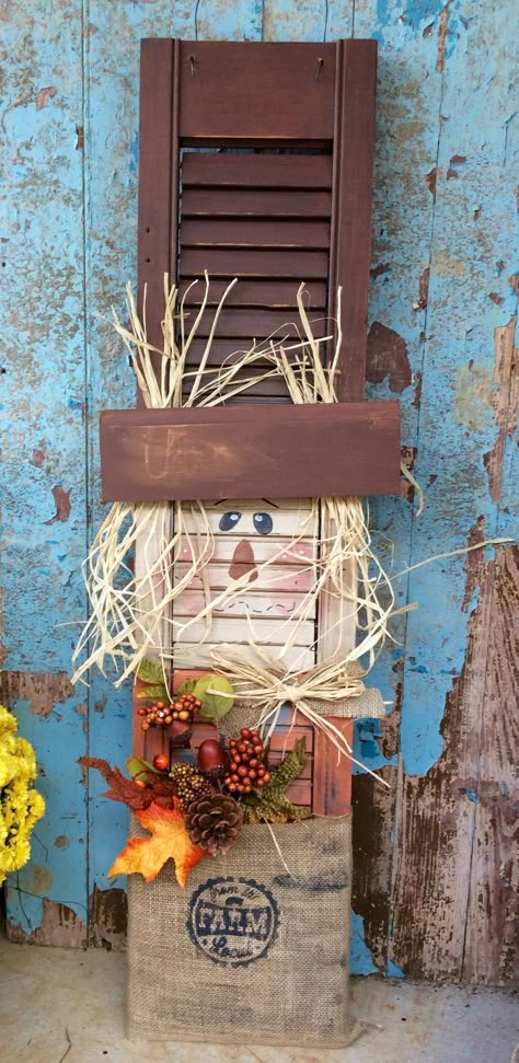 Scarecrow shutter by.Nathanael Bridges Scarecrow Made Out Of Shutters, Fall Shutter Decor, Shutter Diy Decor, Shutter Art Ideas, Shutter Scarecrow Diy, Halloween Shutters Diy, Craft With Shutters, Scarecrow Shutter Ideas, Shutter Diy Projects