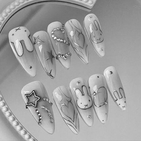 3D Holographic Bunny Nail Stickers Cartoon Cute Rabbit Love Hearts Stars Sliders Silver Chrome Y2K Nail Designs Kpop Inspired, Txt Acrylic Nails, White Japanese Nails, Japanese Nails Black, Asian Nail Ideas, Latina Nail Designs Black, Nail Ideas Press On, Xg Nails Kpop, Cute Stilletos Nails