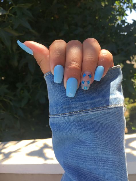 Acrylic nails Blue Nails Ideas Butterfly, Blue And Butterfly Nails, Blue Nail Designs Butterfly, Nail Ideas Coffin Blue, Blue Butterfly Nails Acrylics, Blue Butterfly Nails Short, Light Blue Butterfly Nails, Short Square Blue Nails, Baby Blue Butterfly Nails