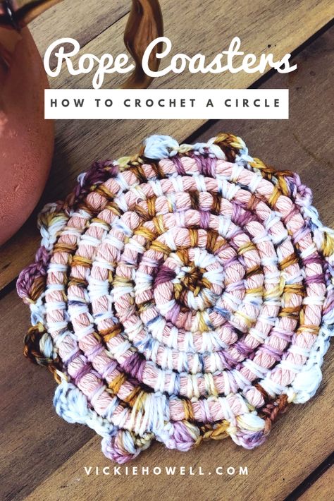 Crochet Rope Coasters, How To Crochet Over Rope, Crochet Over Rope, Crochet Bowls, Rope Circle, Rope Coasters, Coasters Pattern, Macrame Beads, Crochet Rugs