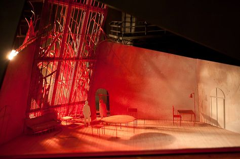 scene design model shown at the annual Design and Production ... Contemporary Theatre Design, Sunset Stage Design, Rotating Set Design, Red Set Design, In The Round Stage, Minimalist Set Design, Futuristic Set Design, Set Design Model, Paper Set Design