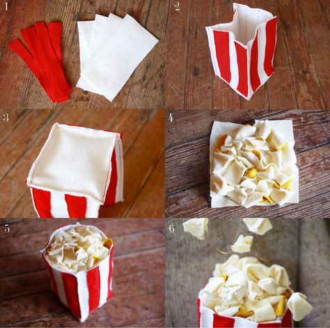 Felt Popcorn, Popcorn Diy, Diy Popcorn, Popcorn Containers, Felt Food Diy, Felt Food Patterns, Salted Pretzel, Pretend Play Food, Felt Play Food