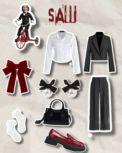 Saw outfit Saw Jigsaw Costume, Jigsaw Outfit Halloween, Saw Movie Party Theme, Halloween Jigsaw Costume, Women’s Saw Costume, Diy Saw Costume Women, White Button Down Halloween Costume, Cute Jigsaw Costume, Saw Party Theme