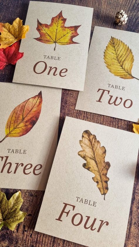 Autumn Leaves Table Numbers Leaf Table Numbers Wedding, Autumn Wedding Place Names, Leaf Table Numbers, Number Table Ideas, Autumn Table Numbers, Table Numbers Fall Wedding, Fall Wedding Place Card Ideas, Autumn Place Cards, Diy Autumn Wedding Decorations