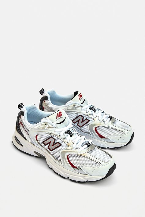 New Balance 530 White & Red Trainers | Urban Outfitters UK New Balance 530 Burgundy, New Balance Shoes Red, Red And White Sneakers, New Balance 530 White, Red New Balance, Red Trainers, Shoes World, Shoes Drawing, Shoe Inspo