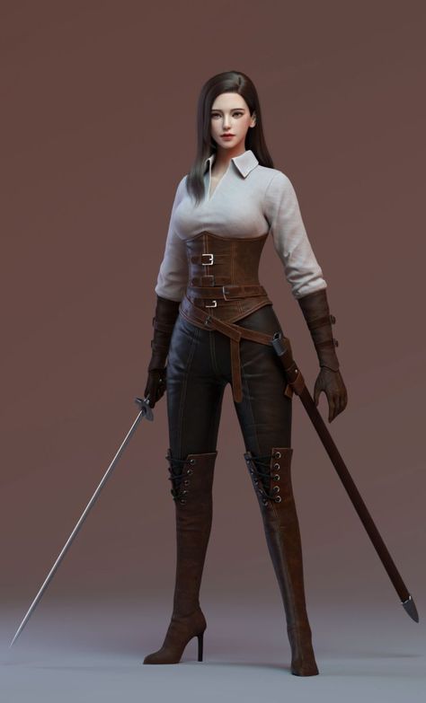 Swordgirl in leathery attire Huntress Outfit Modern, Archer Outfit Female, Fantasy Training Outfit, Women Warrior Outfits, Fantasy Warrior Outfit, Battle Outfits Women, Warrior Outfit, Female Character Concept, Full Body Suit