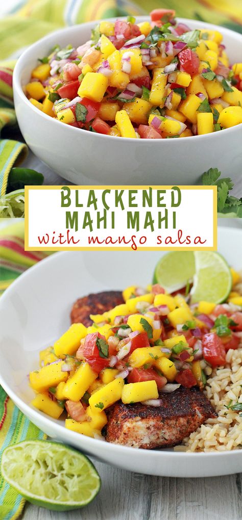 Blackened Mahi Mahi with Mango Salsa - Peanut Butter and Fitness Meals With Mango Salsa, Salsas For Fish, Mahi Mahi Recipes With Mango Salsa, Mango Salsa Fish Recipes, Blackened Fish With Mango Salsa, Mahi Mahi Lunch Ideas, Blackened Mahi Mahi With Mango Salsa, Mahi Mahi Recipes Blackened, Fish Mango Salsa