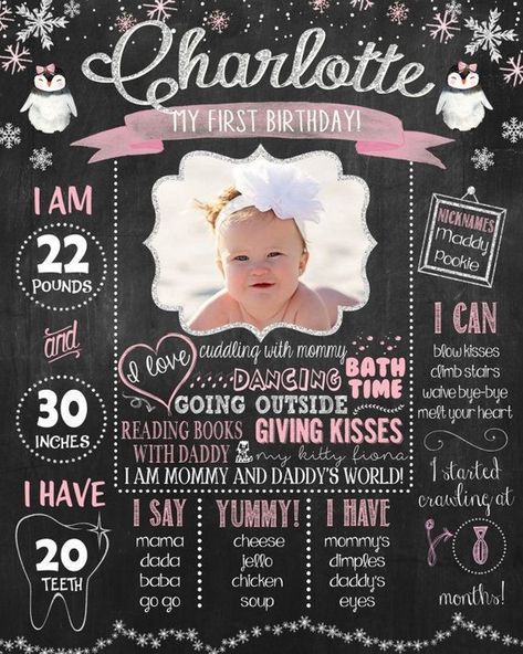 One Year, Many Memories: First Birthday Milestone Sign Inspiration Winter Onderland Birthday, Baby Handprint Crafts, Paw Patrol Party Decorations, 1st Birthday Chalkboard, First Birthday Milestone, Sign Inspiration, Birthday Milestone Board, First Birthday Posters, Baby Milestones Pictures