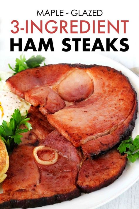 Three ingredients and 15 minutes is all you need to make the perfect Ham Steak Recipe! Great for easy Country-style breakfasts and quick-cooking dinners! Serve up this easy ham recipe for a gluten, free hearty breakfast entree, or an easy quick-fix dinner idea even the kids will love!They get a double dose of extra smoky, porky flavor thanks to a quick pan-sear in bacon grease, followed up with the brush of maple glaze, and it's time to eat! Cooking Ham Steak, Ham Slices Recipes, Baked Ham Steak, Cook A Ham, Easy Ham Recipes, Perfect Ham, Cook Ham, Ham Steak Recipes, Fried Ham