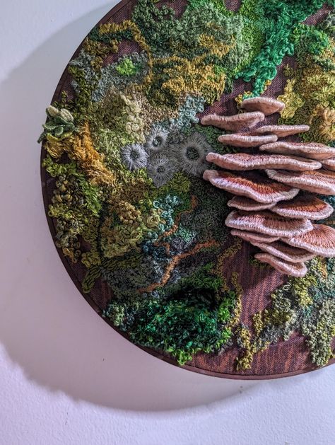 Mushroom House Embroidery, Embroider Mushrooms, Fungi Embroidery, Embroidered Moss, Moss Embroidery, Enchanted House, Hsc Art, Texture Embroidery, Stumpwork Embroidery