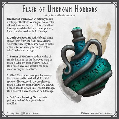 Tim on Instagram: “What’s inside this flask? Only one way to find out! . Get extra rewards on patreon and help me turn this into my main occupation!. Link in…” Fantasy Illustration Art, Dnd Stories, Dungeons And Dragons Memes, Dungeon Master's Guide, Dungeons And Dragons 5e, Dungeons And Dragons Art, Dnd Funny, D D Items, Dnd 5e Homebrew