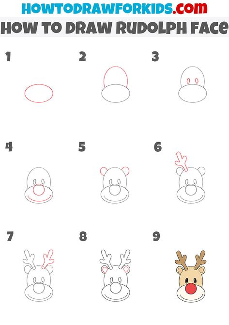 Rudolph Drawing Easy, How To Draw Rudolph Step By Step, How To Draw Rudolph, Rudolph Sketch, How To Draw Christmas Stuff Step By Step, Cactus Christmas Trees, Face Step By Step, Jar Painting, Easy Christmas Drawings