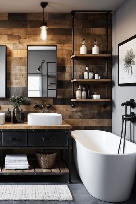 The perfect marriage of blackened steel and weathered wood creates an industrial masterpiece that's both edgy and inviting. #IndustrialChic #BathroomDesign #SteelAndWood Industrial Bathroom Shelves, Black Vanity Wood Top, Moody Industrial Bathroom, Dark Farmhouse Bathroom, Industrial Powder Room, Small Rustic Bathroom Ideas, Industrial Bath, Small Rustic Bathroom, Transitional Bathroom Design