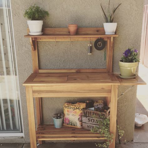 My new potting bench from World Market Bench Diy Plans, Potting Bench With Storage, Potting Benches Diy, Garden Potting Bench, Potting Bench Plans, Outdoor Potting Bench, Bench Outdoor, Bench Diy, Potting Bench