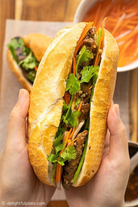 Vietnamese Beef Banh Mi Nem Nuong, Banh Mi Recipe, Vietnamese Sandwich, Bahn Mi, Banh Mi Sandwich, Viet Food, Pork Sandwich, Pickled Veggies, Vietnamese Cuisine