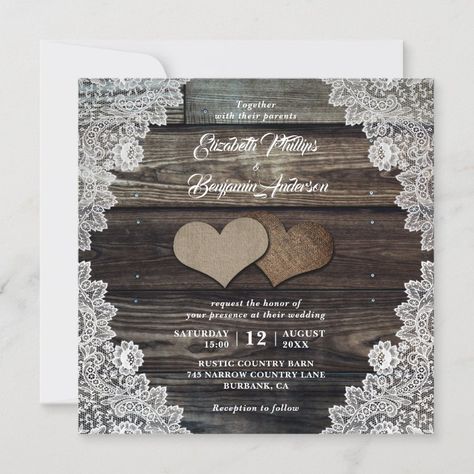 Rustic Country Wood Lace Burlap Hearts Wedding Invitation  Zazzle Rustic Wood Wedding Invitations, Amazing Wedding Invitations, Wedding Postcards, Burlap And Lace Wedding, Heart Wedding Invitations, Wood Wedding Invitations, Wood Invitation, Romantic Rustic Wedding, Country Barn Weddings