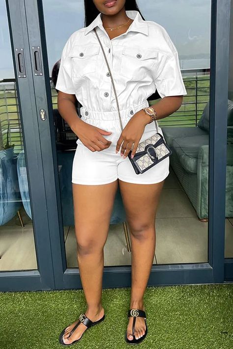 Casual Elastic Waist Short Sleeve Solid Color Shirt Collar Cargo Rompers Loose Romper, Shirt Collar Styles, Collar Jumpsuit, All White Party, Rompers Online, Baby Tees Y2k, All White Outfit, Casual Rompers, White Outfit