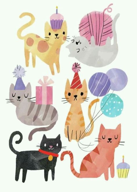 Happy Birthday Cat, Birthday Illustration, Cat Birthday Party, 강아지 그림, Kitty Party, Animal Illustrations, Advocate Art, Cat Party, Cats Illustration