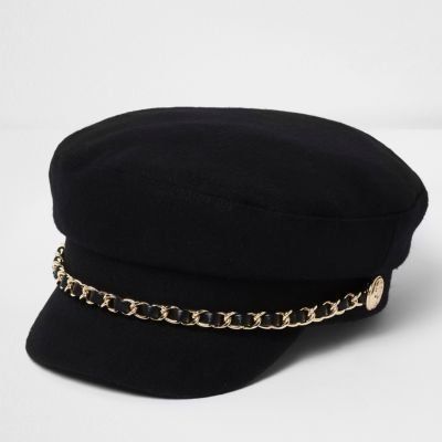 Shop for Womens Black chain trim baker boy hat by River Island on ShopStyle. Hats Black Women, News Boy Cap, Peaked Hat, Baker Boy Hat, Hats Black, Stylish Caps, Fashion Cap, Baker Boy, Boy Hat