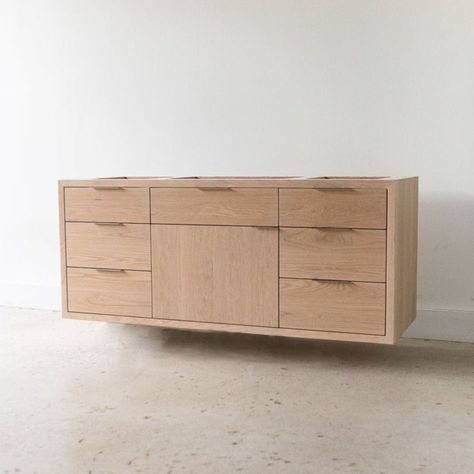 Our Modern Floating Wood Vanity with Single Sink shown here in our solid White Oak + Natural finish. Customize the size, wood species, finish, and hardware to make it your own! Made for you, by us. Floating Wood Vanity, Vanity Height, Concrete Vanity Top, Vanity Single Sink, Single Sink Bathroom Vanities, Concrete Vanity, Oak Bathroom Vanity, Drawer Dimensions, Side Drawers