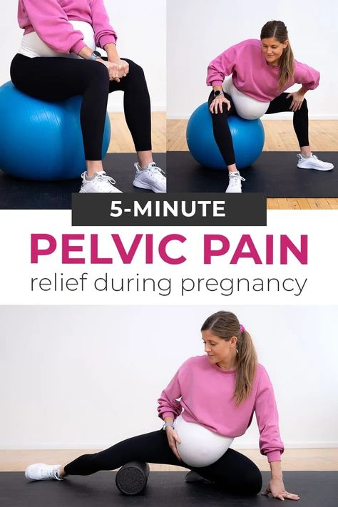 Pelvic girdle pain, symphysis pubis dysfunction (SPD) pain, "lightning crotch" -- whatever you call it, pelvic pain during pregnancy is frustrating! Here you'll find 3 of the best exercises for relieving pelvic pain - designed to activate, stretch AND strip the adductor muscles. You can do these daily for pain relief! Birth Ball Exercises, Pelvic Pain During Pregnancy, Pelvic Floor Exercises Pregnancy, Pregnancy Yoga Ball, Adductor Muscles, Pelvic Pain Relief, Pregnancy Stretches, Pregnancy Back Pain, Pelvic Girdle