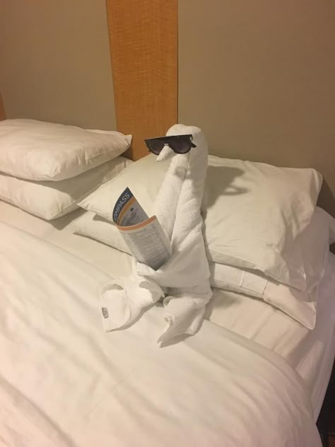 Towel goose on Royal Caribbean cruise ship Cruise Ship Towel Animals, Cruise Towel Animals, Towel Art Folding Diy, Fold Towels To Save Space, Folding Washcloths, Washcloth Folding, Towel Folds, Toilet Paper Origami, Towel Origami