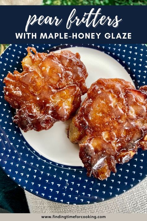 Easy Pear Fritters with Maple-Honey Glaze | A perfect fall twist on the classic apple fritter, these pear fritters are super easy, fried on the stove, and dipped in an amazing glaze. And they're ready in less than 30 minutes! Best brunch recipe ideas, how to make apple fritters, breakfast ideas. #pear #applefritters #breakfast #brunch Fried Pears Recipe, Pear Fritters Recipe, Fruit Fritters Recipe, Savory Pears Recipes, Fall Pear Recipes, Pear Deserts Easy, Frozen Pear Recipes, Pear And Apple Recipes, Apple And Pear Recipes