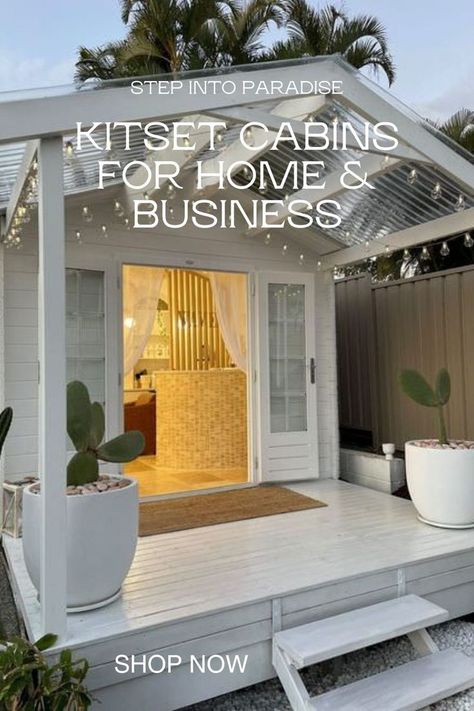 Create your dream business from home with a SheShed flat pack kit set timber cabin. Plus, when you’re done working for the day, you can relax in your very own backyard retreat! Available in NZ and Australia. Massage Cabin Ideas, Outdoor Yoga Studio Backyard Retreat, Outdoor Studio Shed, Tiny House Massage Studio, Tiny House Hair Salon, Covered Courtyard Ideas, Studio Building Design, She Shed Massage Studio, She Shed Spa Ideas