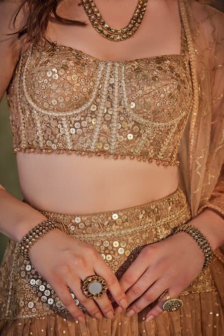 Buy Beige Organza Embroidered Hand Sequin And Pearl Embellished Bridal Lehenga Set For Women by Cedar & Pine Online at Aza Fashions. Mehandi Outfits, Fashion Course, Tulle Corset, Lehenga Pattern, India Trip, Lehenga Red, Bridal Necklace Designs, Organza Lehenga, Reception Lehenga