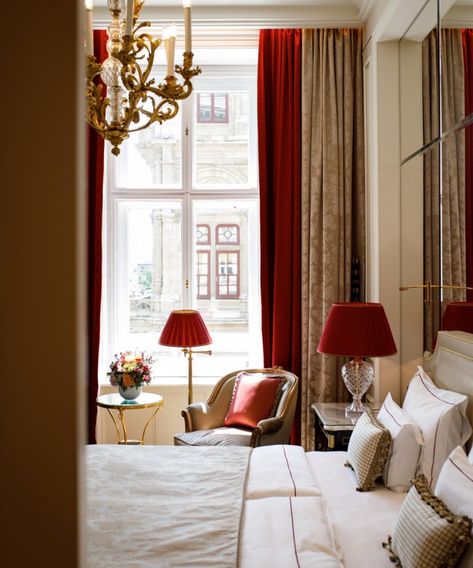 Red Hotel Room Decorations, Hotel Sacher Vienna, Bedroom Red Aesthetic, Red Hotel Room, Hotel Curtains, Latest Wooden Bed Designs, Gold Bed Frame, Bed Design Modern Luxury, Red Hotel