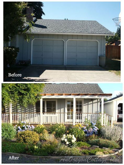 A ranch home remodel before and after: converting a garage and adding a long porch - Front-Porch-Ideas-and-More.com #porch Ranch Home Remodel, Home Remodel Before And After, Garage Door Types, Ranch House Designs, Garage Exterior, Porch Addition, Building A Porch, Garage Remodel, Garage Door Design