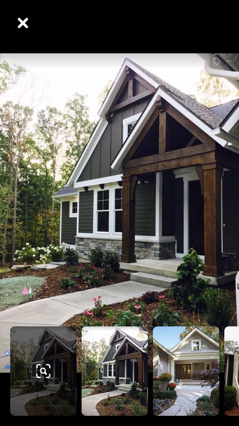 Dark Gray Siding With Wood Accents, Siding Colors With Black Windows, Natural Slate Siding, Gray Siding House, House Siding Ideas Exterior, Dark Exterior House Colors, Dark Grey Houses, Outside House Paint, House Awnings