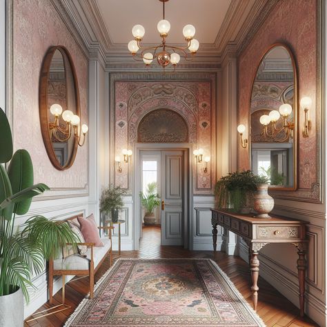 The scene should include unique pieces like a rustic wooden console table, a large ornate mirror hanging on pastel-colored wallpaper, period light fixtures casting a soft warm glow, an intricately designed Persian rug running the length of the polished hardwood floor, and a variety of houseplants providing a touch of nature. In this hallway, comfort meets elegance in a harmonious play of old-world charm and contemporary chic. Vintage Entrance Hall Decor, Entry Hallway Ideas Narrow, Vintage House Interior Victorian, Light Academia House, French Hallway, Victorian Entryway, French Chateau Interiors, Entry Hallway Ideas, Edwardian Interiors