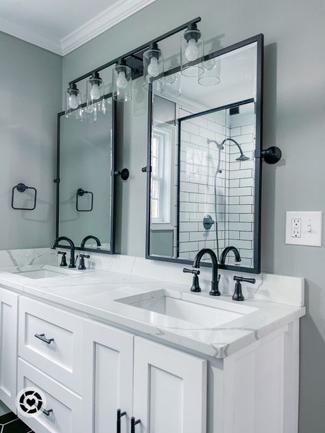 Bathroom Vanity Mirrors Double Sink, Bathroom Inspo Modern, Double Sink Bathroom Ideas, Black Bathroom Fixtures, Black Bathroom Vanity, Bathroom Vanity Mirrors, Master Bath Vanity, Black Vanity Bathroom, Vanity Mirrors