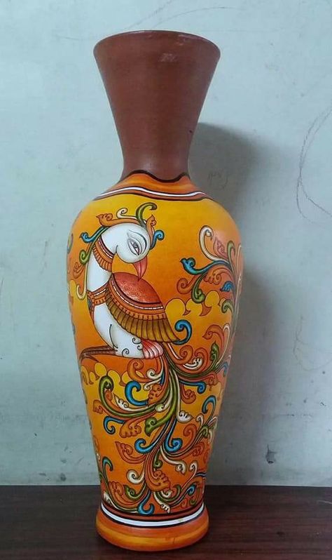 Earthen Pot Painting Ideas, Pillar Painting, Matka Painting, Hindi Project, Kerala Art, Bottle Paintings, Miniature Pot, Terracotta Art, Pichwai Painting