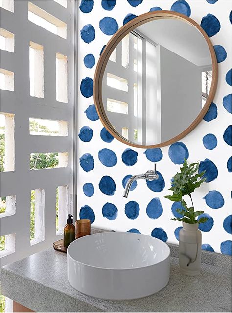 Matt Bathroom, Polka Dot Bathroom, Faux Wallpaper, Renter Friendly Wallpaper, 2024 Bedroom, Wallpaper Boho, Bath Redo, Boho Wallpaper, Dots Wallpaper