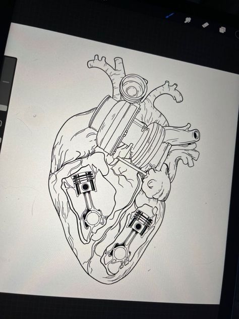 Mechanic Heart Tattoo, Car Heart Tattoo, Mechanical Heart Drawing, Heart Tattoo Drawing, Mechanical Heart Tattoo, Heart Lock Tattoo, Heart Drawing Ideas, Piston Tattoo, Montana Tattoo