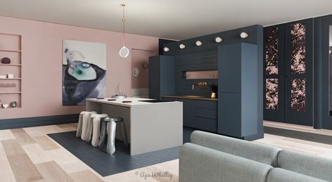 Pink And Navy Kitchen Ideas, Pink Blue Interior, Navy Kitchen Pink Walls, Blue Kitchen Cabinets Pink Walls, Navy Blue And Pink Kitchen, Blue Kitchen Pink Walls, Wooden Floors Living Room, Light Blue Sofa, Cupboard Colors