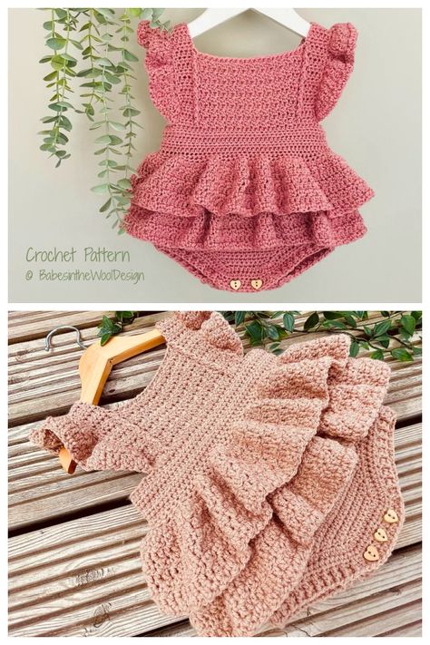 Baby Romper Free Crochet Patterns & Paid - DIY Magazine Crochet Patterns For Babies, Crochet Patterns For Baby, Romper Crochet, Crochet Newborn Outfits, Baby Born Kleidung, Vestidos Bebe Crochet, Crochet Patterns Baby Girl, Crochet Baby Projects, Baby Romper Pattern