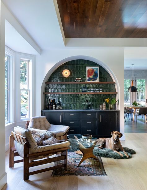 Newton Bohemian - Transitional - Home Bar - Boston - by KI3 Design | Houzz Bar Design In Home, Bar Fireplace Ideas, Bar Nook In Dining Room, Turn Closet Into Bar, Home Bar Inspiration, Indoor Bar Ideas Houses, Secret Bar In House, Bar Nook In Living Room, In Home Bar Ideas