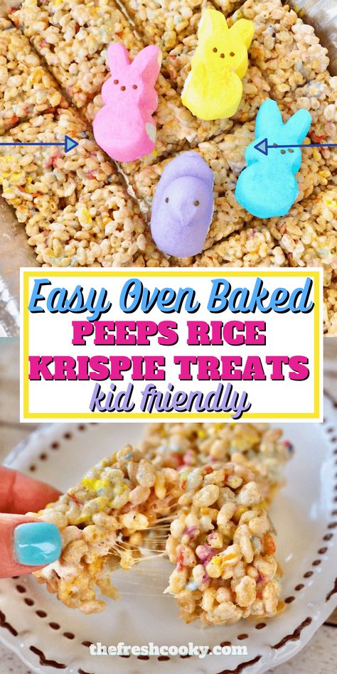 Peeps Rice Krispie Treat Recipe (In Oven) • The Fresh Cooky Oven Baked Rice Krispie Treats, Peeps Rice Krispie Treats Recipe, Chex Treats, Easter Rice Crispy Treats, Peeps Rice Krispie Treats, Peeps Recipes, Easter Rice Krispie Treats, Krispie Treats Recipe, Easter Desserts Recipes