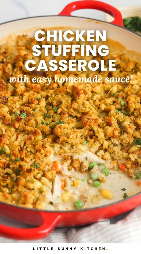 Easy Chicken Stuffing Casserole made without condensed soup is a tasty family favorite dinner recipe, and ready to eat in 45 minutes. Perfect for busy weeknights! Canned Chicken Dinner Ideas, Plain Chicken Recipe, Chicken Stuffing Casserole, Little Sunny Kitchen, Chicken Stuffing, Chicken Drumstick, Sunny Kitchen, Comfort Casseroles, Condensed Soup