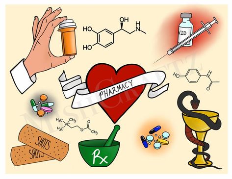 Pharmacology Drawing, Pharmacy Art Pharmacists, Pharmacy Tattoo, Coat Photoshoot, Pharmacy Art, Paper Structure, Pharmacist Gift, Flash Sheet, Tattoo Flash Sheet