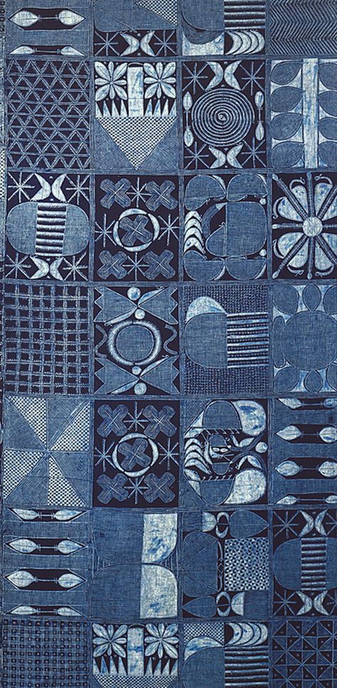 Africa | Detail from an Adire cloth from Nigeria | ca. 1970s | Cotton, plain weave. Patterned with hand drawn starch resist, indigo dyed. Adire Cloth, Indigo Textiles, Afrikaanse Kunst, African Textile, African Textiles, African Pattern, Indigo Dye, African Design, Late 20th Century