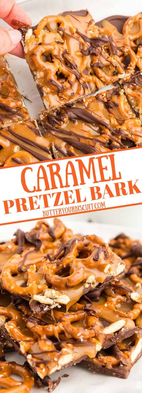 Caramel Pretzel Bark Chocolate Caramel Pretzel Bark, Pretzel Bark Recipes, Caramel Pretzel Bark, Heavenly Dessert Recipe, Pretzel Bark, Chocolate Caramel Pretzels, Holiday Appetizers Recipes, Caramel Pretzels, Salty Treats