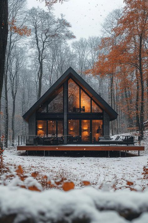 Cozy cabin with large windows in a snowy forest. The charm of gable houses — these pointy-roofed wonders are the perfect blend of tradition and whimsy in home design. Glass Cottage Cabins, Cabin With Lots Of Windows, Barndominium Houses, Snowy Cottage, Forest Houses, Cabin Weekend, Arched Cabin, Cabin Modern, Snowy Cabin