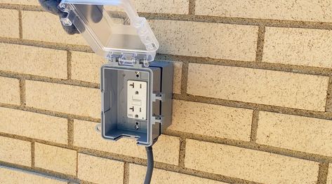 Outdoor Outlet Ideas, Exterior Outlet, Outdoor Outlet Cover, Installing Electrical Outlet, Outdoor Electrical Outlet, Outdoor Outlet, Electrical Box Cover, Electrical Installation, Backyard Inspo