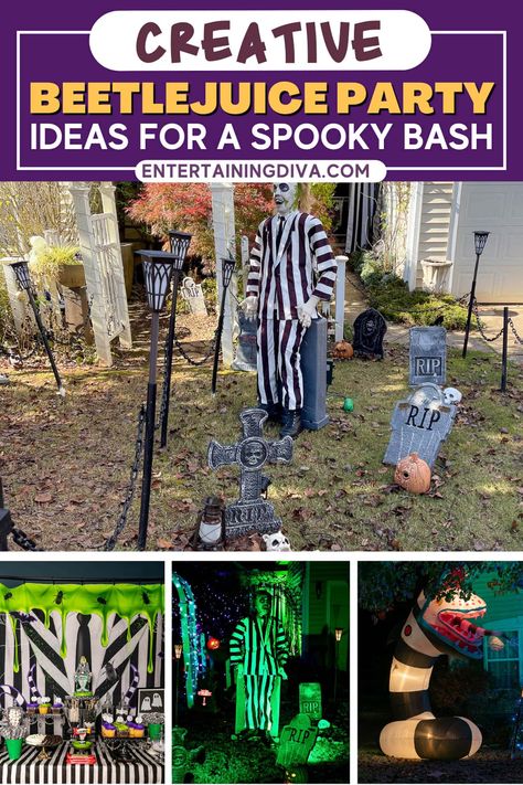 Creative Beetlejuice Party Ideas For A Spooky Bash | Halloween Beetlejuice Party Ideas, Beetlejuice Decor, Halloween Scene Setters, Beetlejuice Party, Unique Birthday Party Ideas, Unique Birthday Party, Halloween Party Drinks, Themed Party Ideas, Halloween Haunted House Decorations